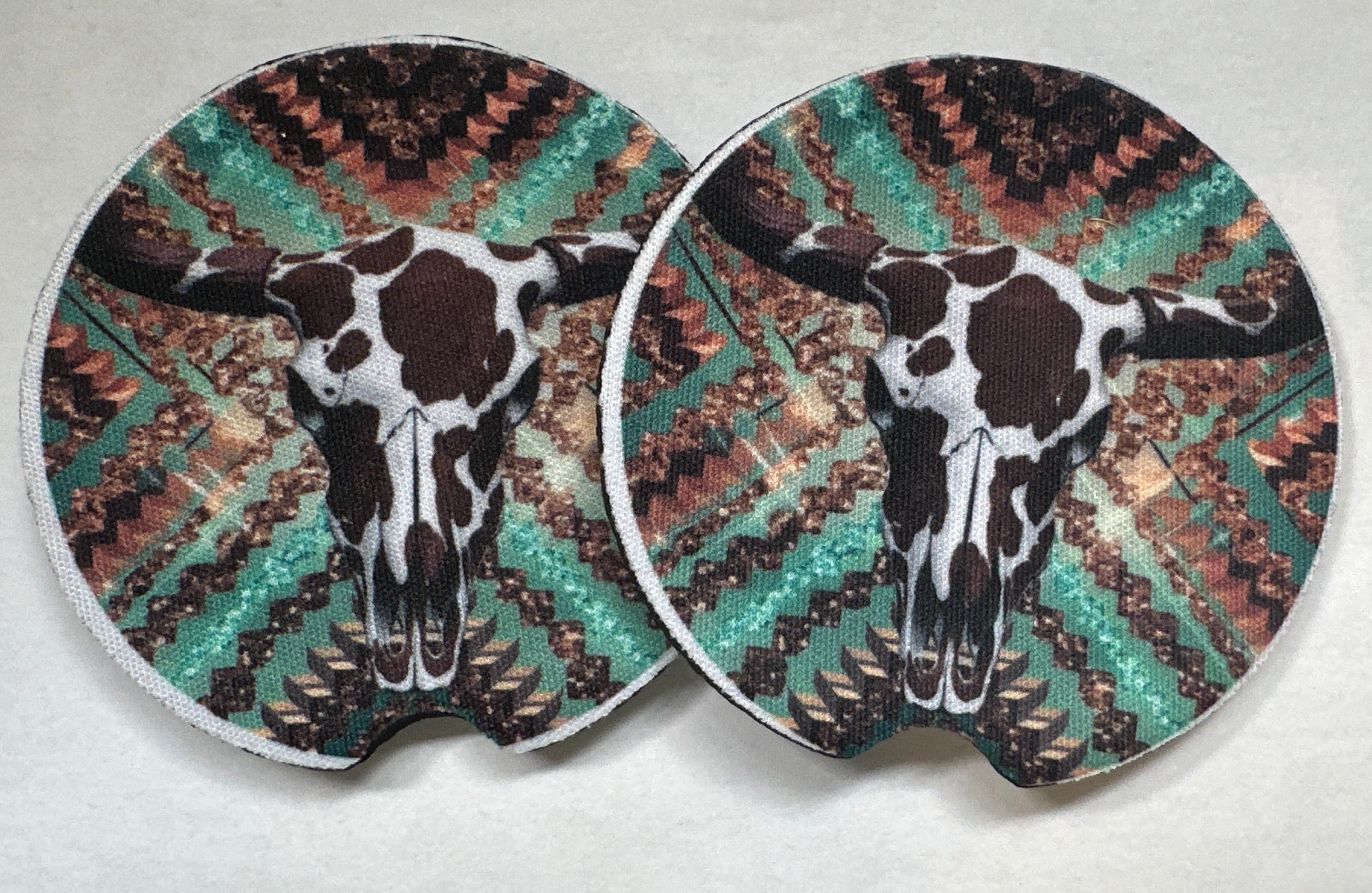 Teal Aztec Longhorn Car Coasters — Seconds (Pair)