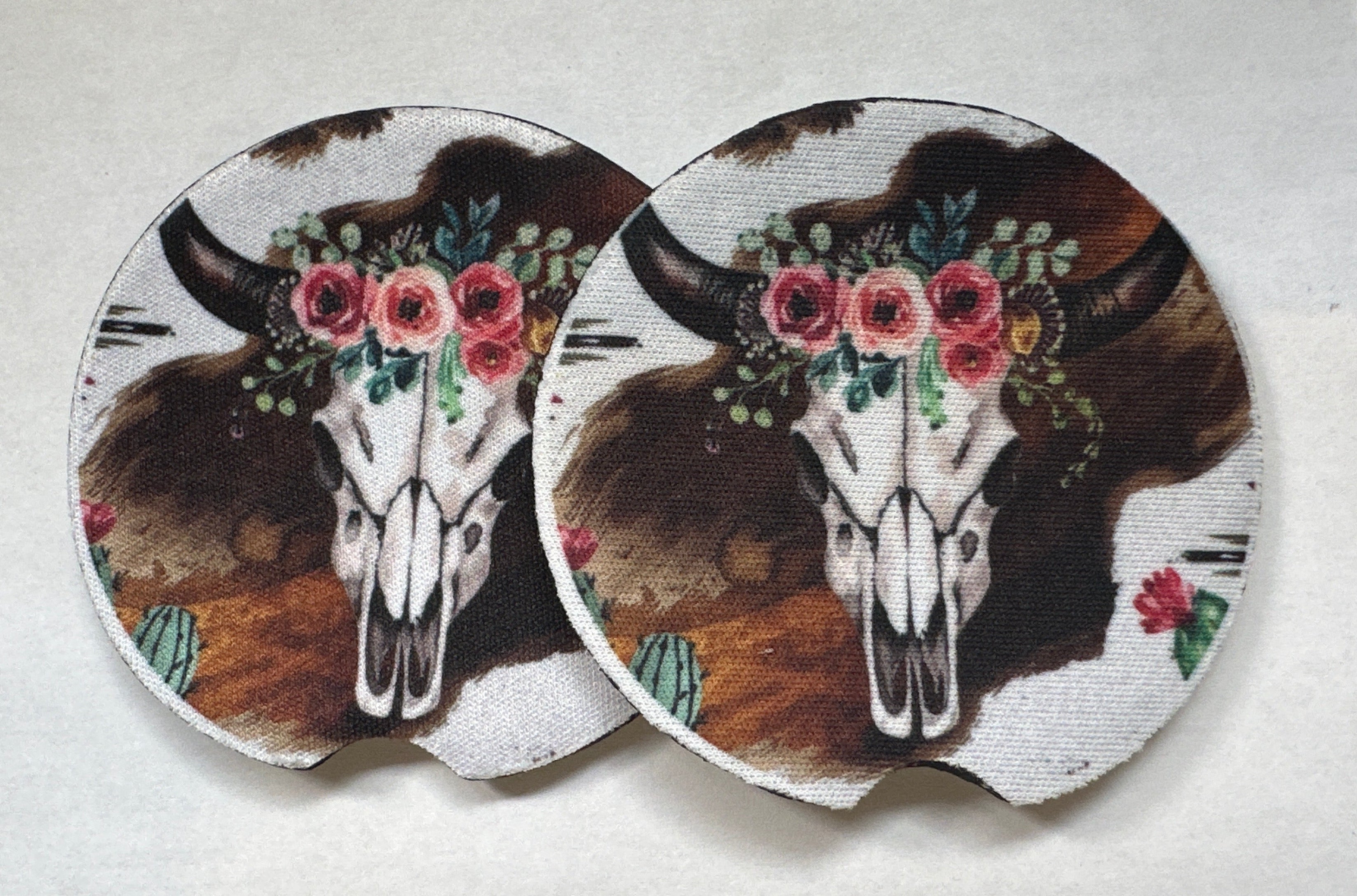 Floral Bull Skull Car Coasters — Seconds (Pair)