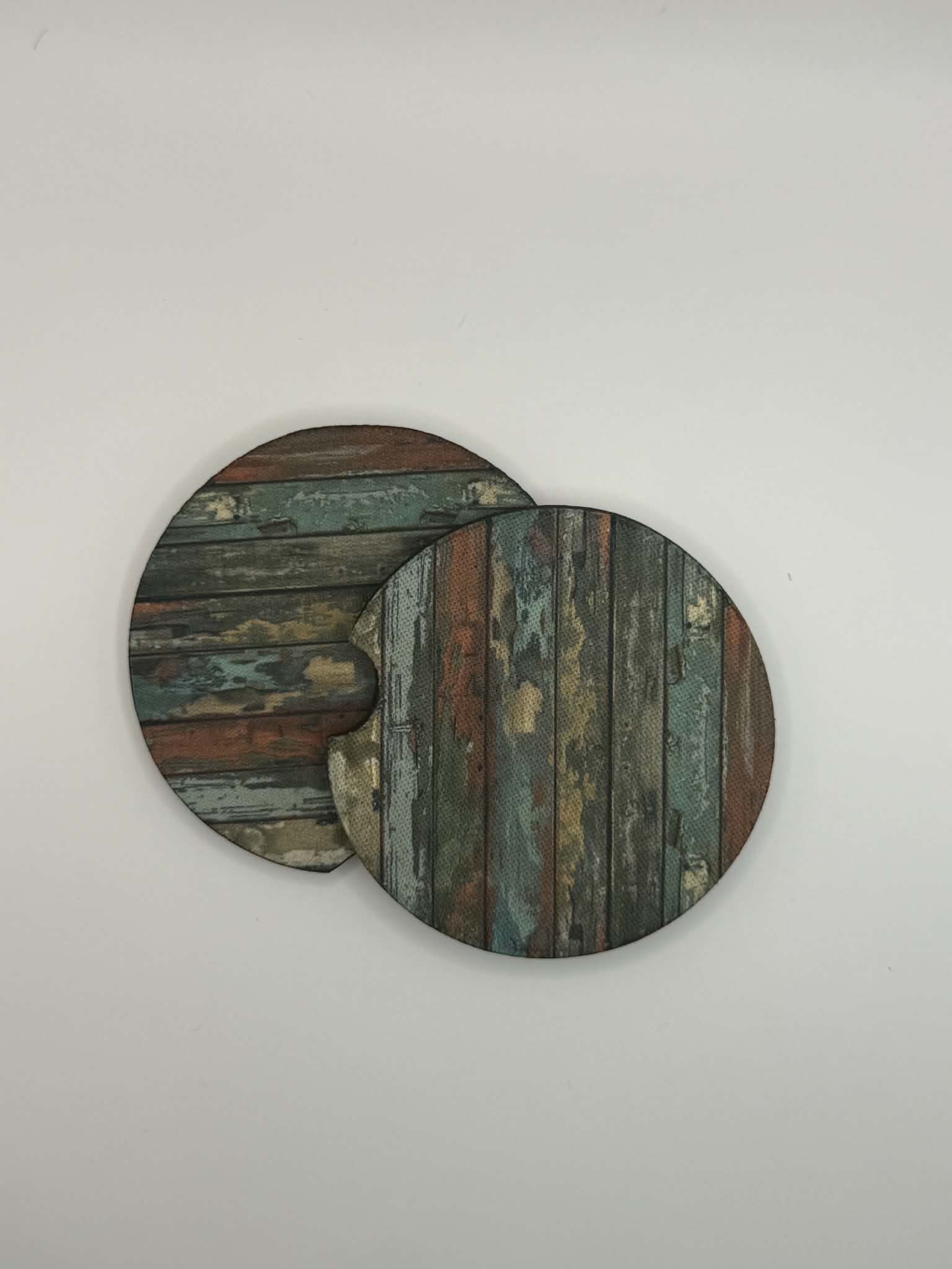 Rust, Brown & Teal Distressed Wood Car Coasters (Set of 2)