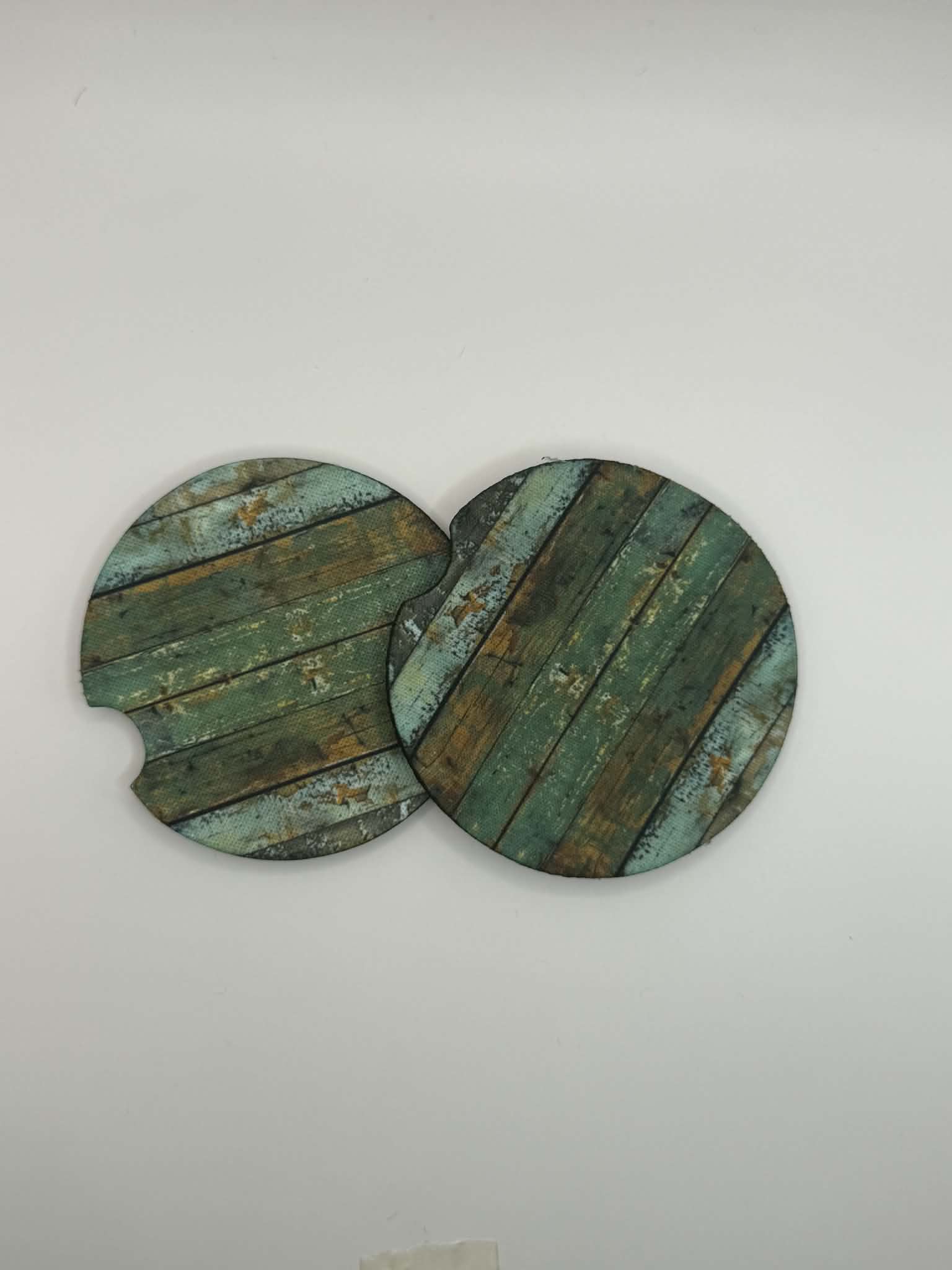 Light Teal & Green Distressed Wood Car Coasters (Set of 2)