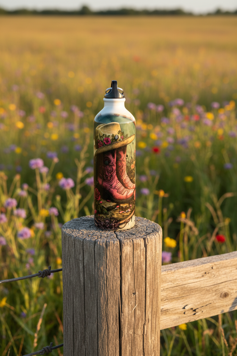 Cowgirl Boots & Roses Sublimation Water Bottle 700ml