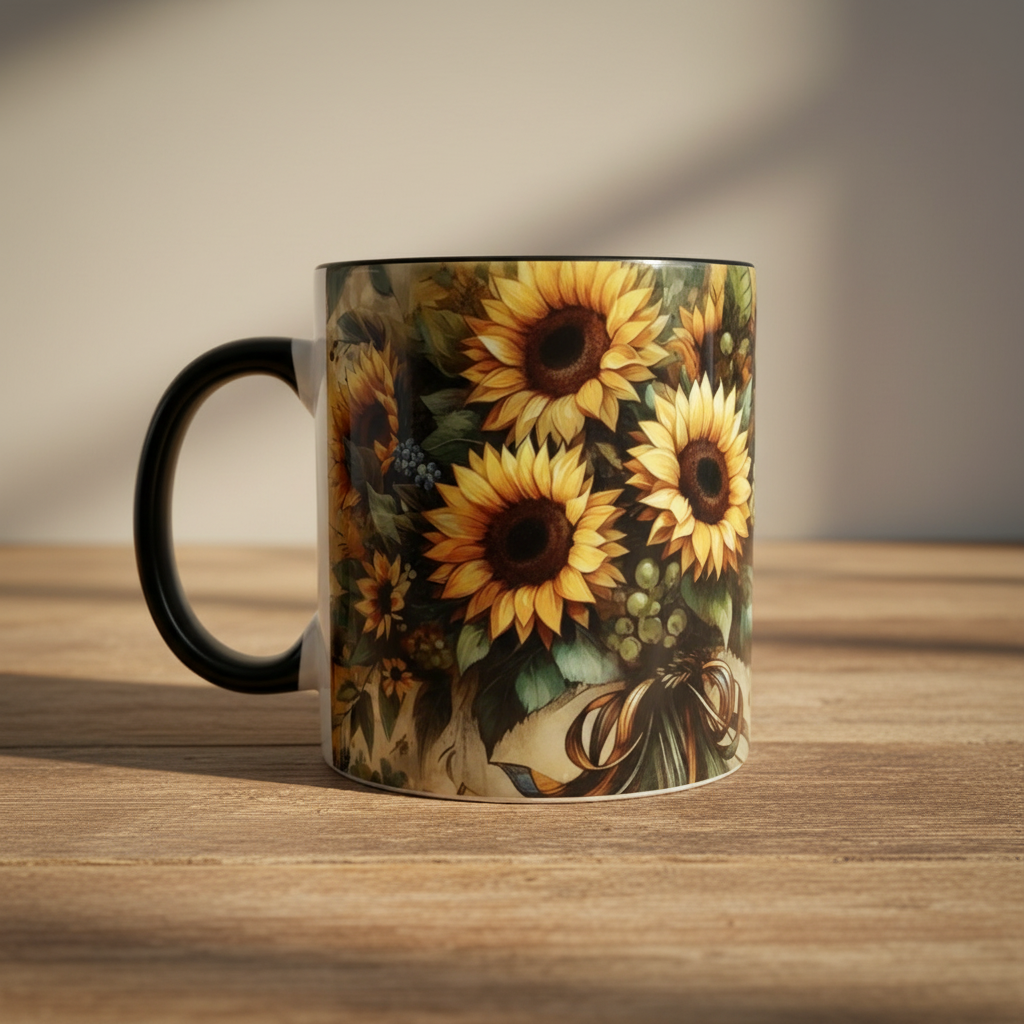 Golden Sunflower Bouquet Mug - Rustic