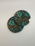 Turquoise Tooled Leather-Look Car Coasters (Set of 2)