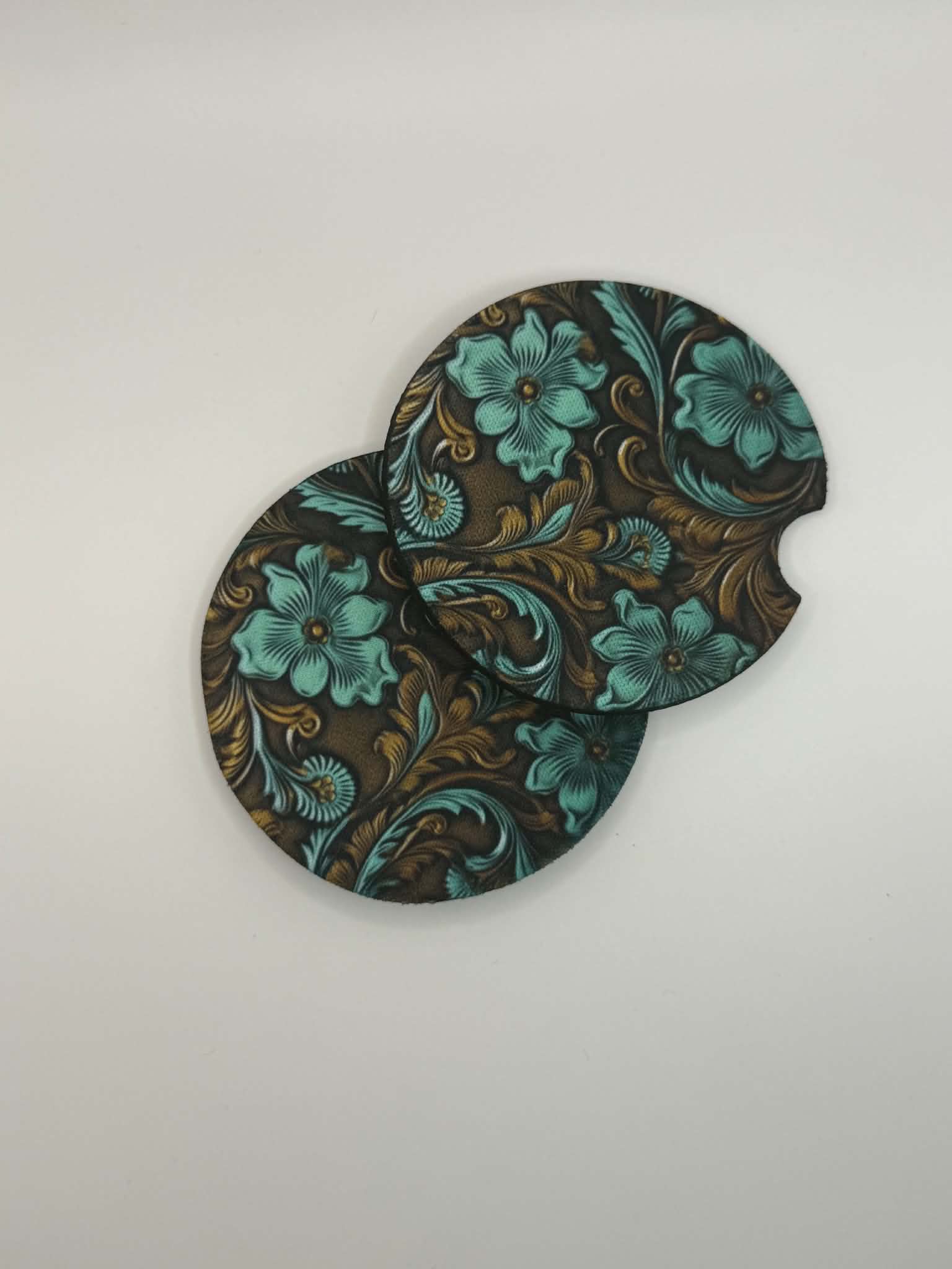 Turquoise Tooled Leather-Look Car Coasters (Set of 2)